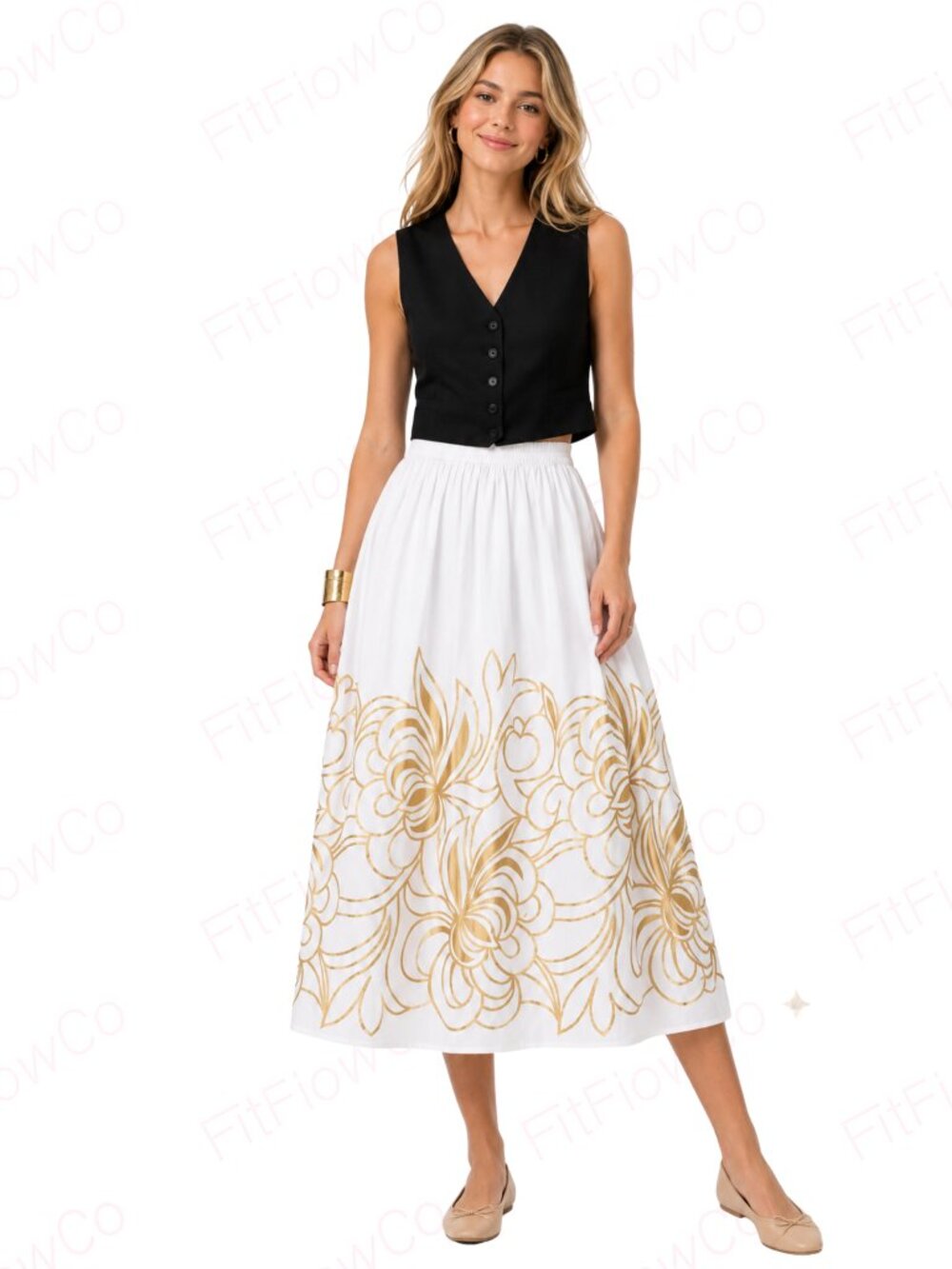 Avec Les Filles Floral Midi Skirt S White Gold A-Line Elastic Waist NWT